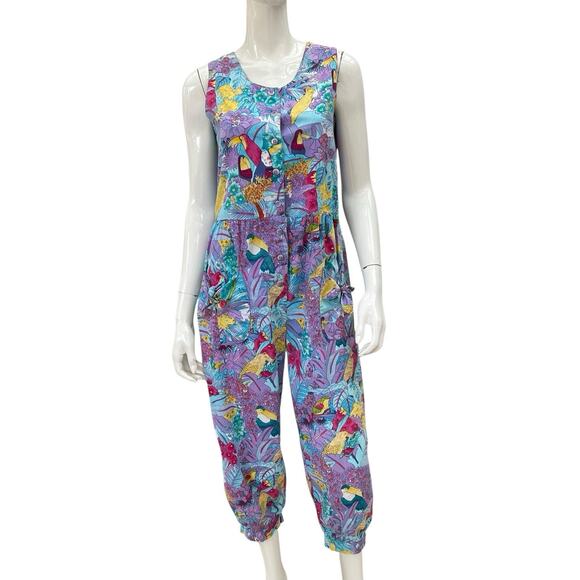 Vintage 80’s Tropical Parrot Print Indian Cotton Jumpsuit By Honors, Small - Picture 1 of 7